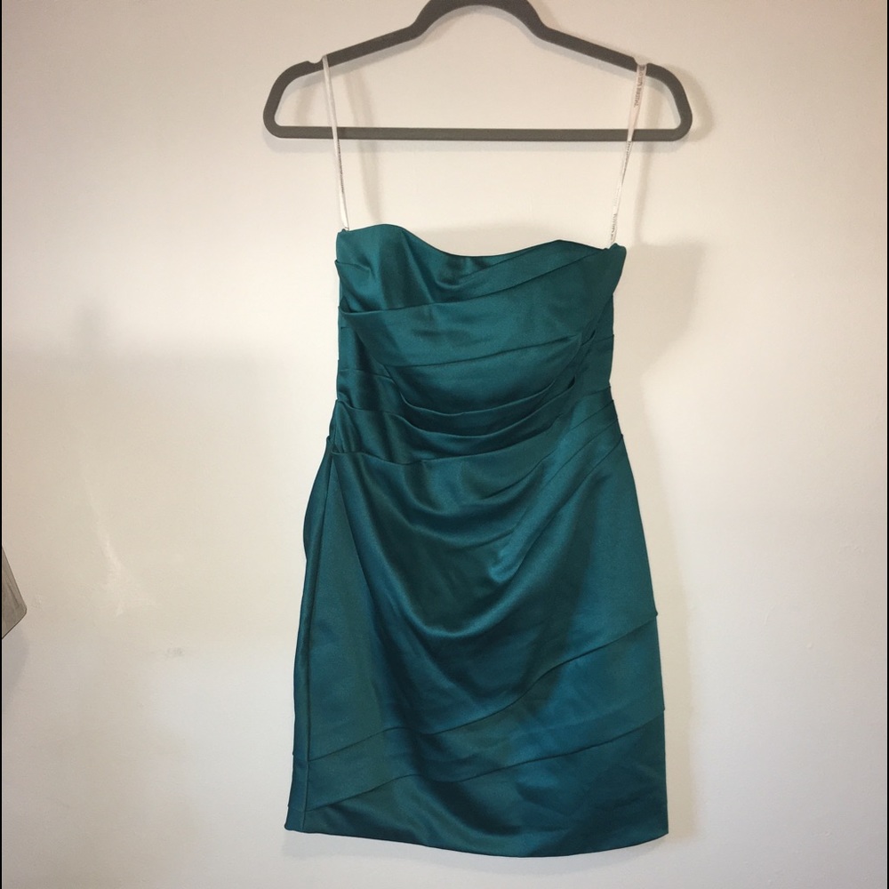 David’s Bridal Strapless Teal Mini Dress